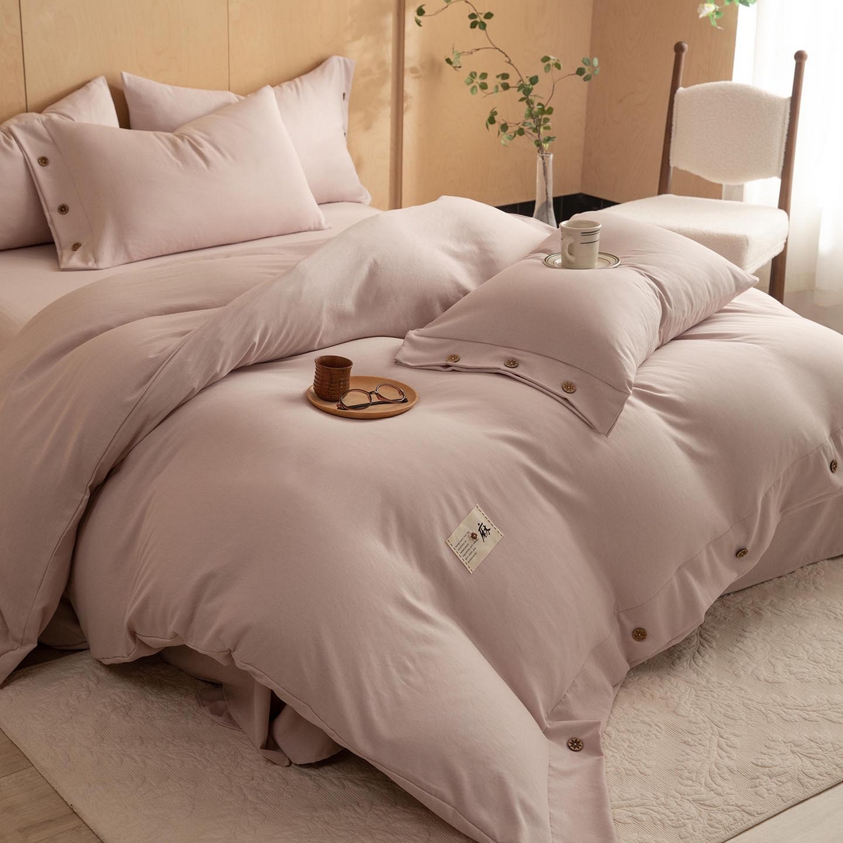 91家纺网 家纺一手货源 找家纺 丝印良品 2026新款雨露麻纽扣款床单床笠四件套 雨露麻（樱花粉）