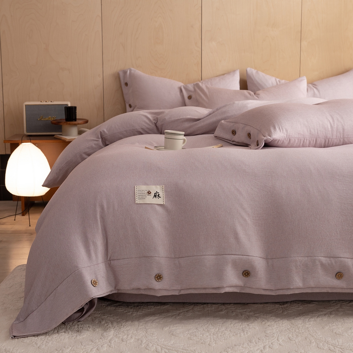 91家纺网 家纺一手货源 找家纺 丝印良品 2026新款雨露麻纽扣款床单床笠四件套 雨露麻（紫粉）