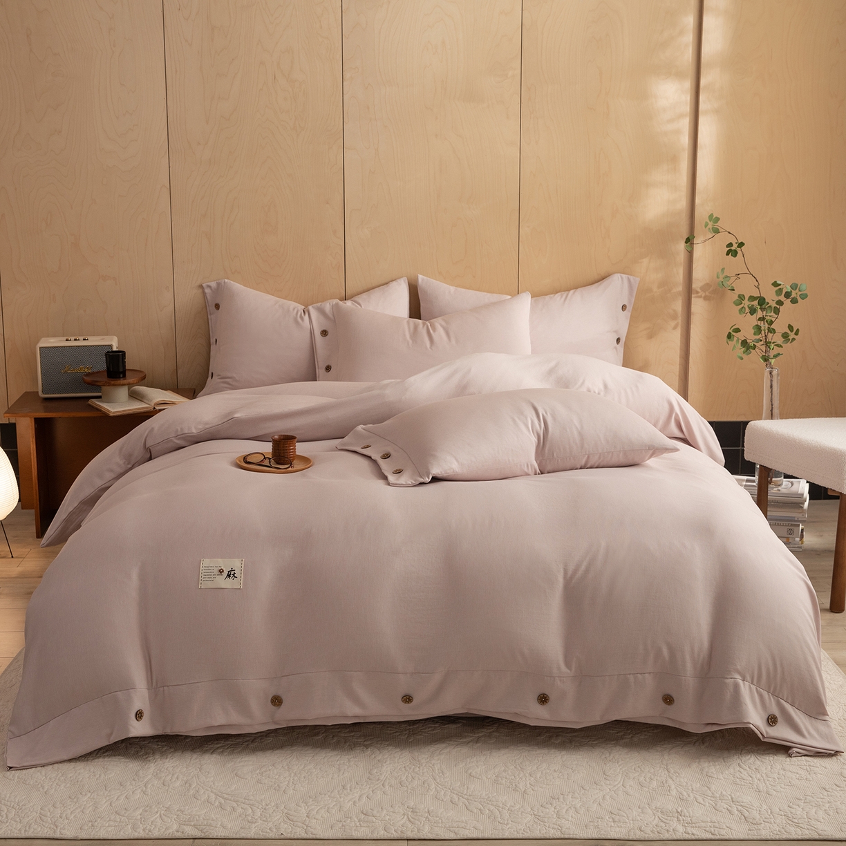 91家纺网 家纺一手货源 找家纺 丝印良品 2026新款雨露麻纽扣款床单床笠四件套 雨露麻（樱花粉）