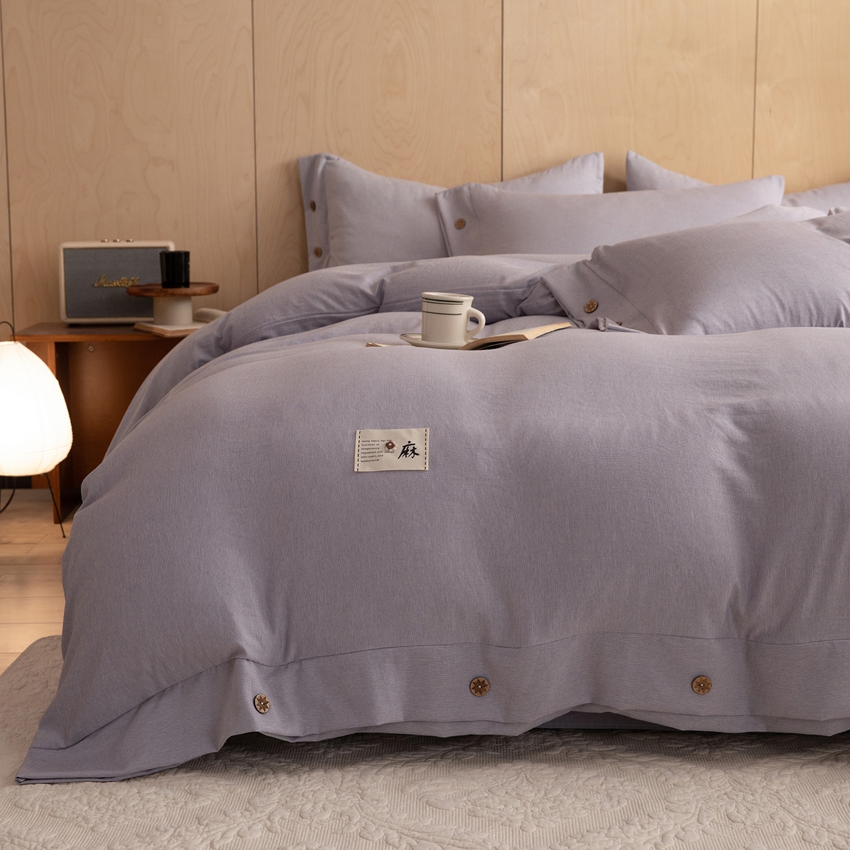 91家纺网 家纺一手货源 找家纺 丝印良品 2026新款雨露麻纽扣款床单床笠四件套 雨露麻（紫色）