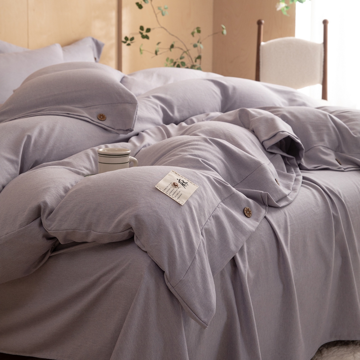 91家纺网 家纺一手货源 找家纺 丝印良品 2026新款雨露麻纽扣款床单床笠四件套 雨露麻（紫色）