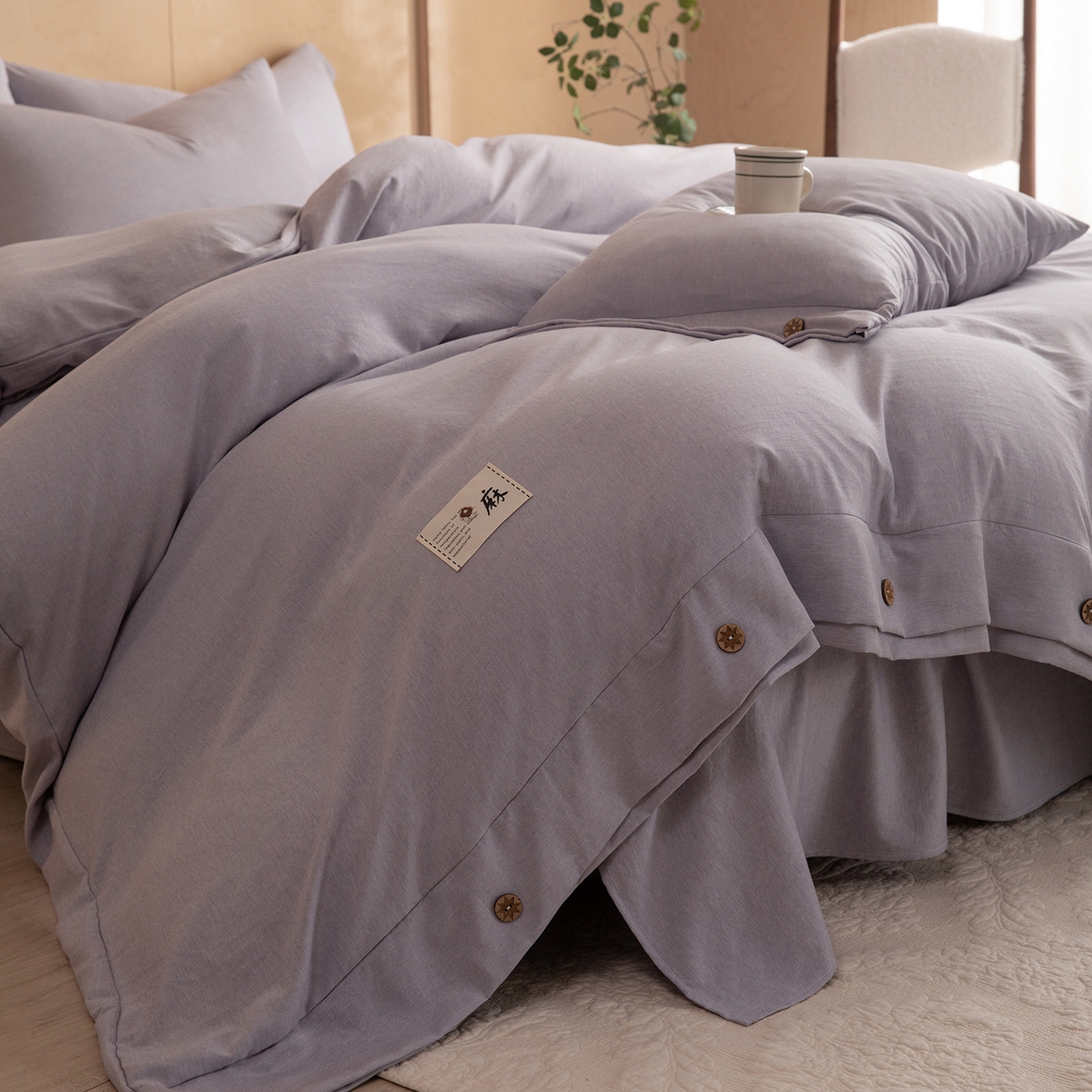 91家纺网 家纺一手货源 找家纺 丝印良品 2026新款雨露麻纽扣款床单床笠四件套 雨露麻（紫色）