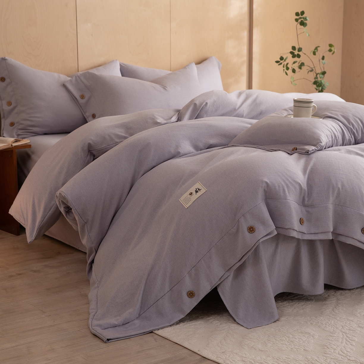 91家纺网 家纺一手货源 找家纺 丝印良品 2026新款雨露麻纽扣款床单床笠四件套 雨露麻（紫色）