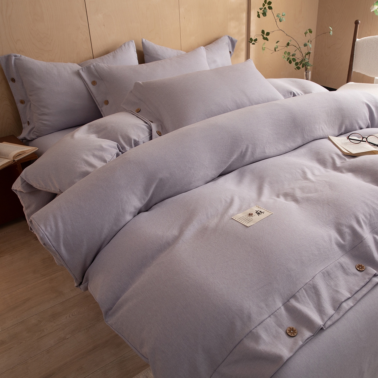 91家纺网 家纺一手货源 找家纺 丝印良品 2026新款雨露麻纽扣款床单床笠四件套 雨露麻（紫色）