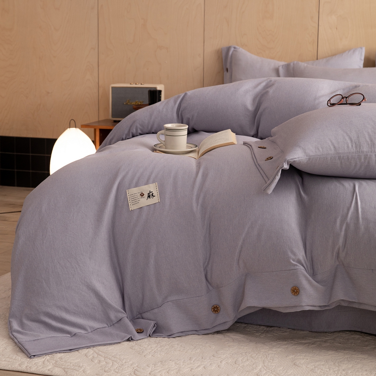 91家纺网 家纺一手货源 找家纺 丝印良品 2026新款雨露麻纽扣款床单床笠四件套 雨露麻（紫色）