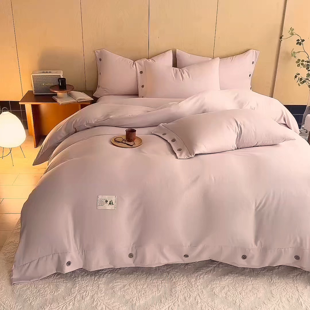 91家纺网 家纺一手货源 找家纺 丝印良品 2026新款雨露麻纽扣款床单床笠四件套 雨露麻（樱花粉）