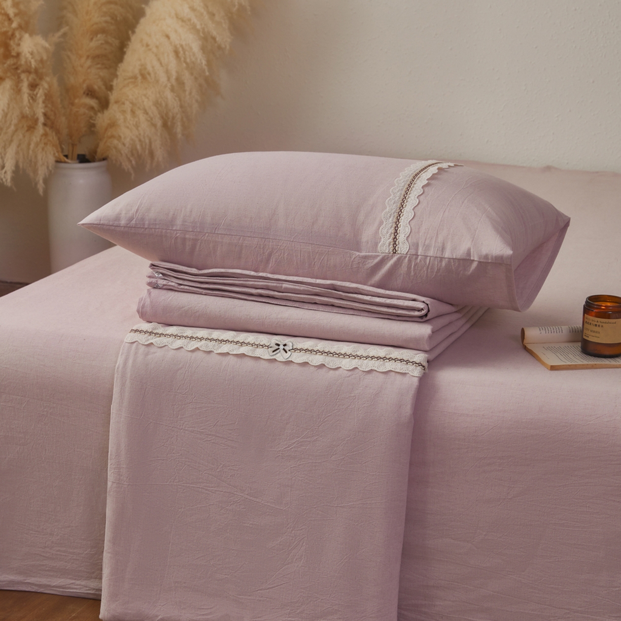 91家纺网 家纺一手货源 找家纺 尊妙被业 2026新款A类棉麻亚麻夏被大豆夏被四件套 棉麻 浅紫