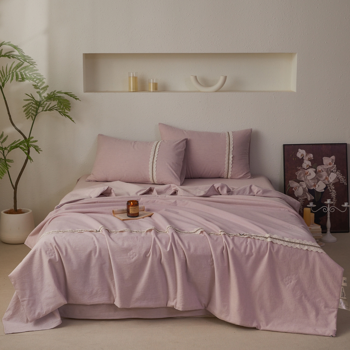 91家纺网 家纺一手货源 找家纺 尊妙被业 2026新款A类棉麻亚麻夏被大豆夏被四件套 棉麻 浅紫