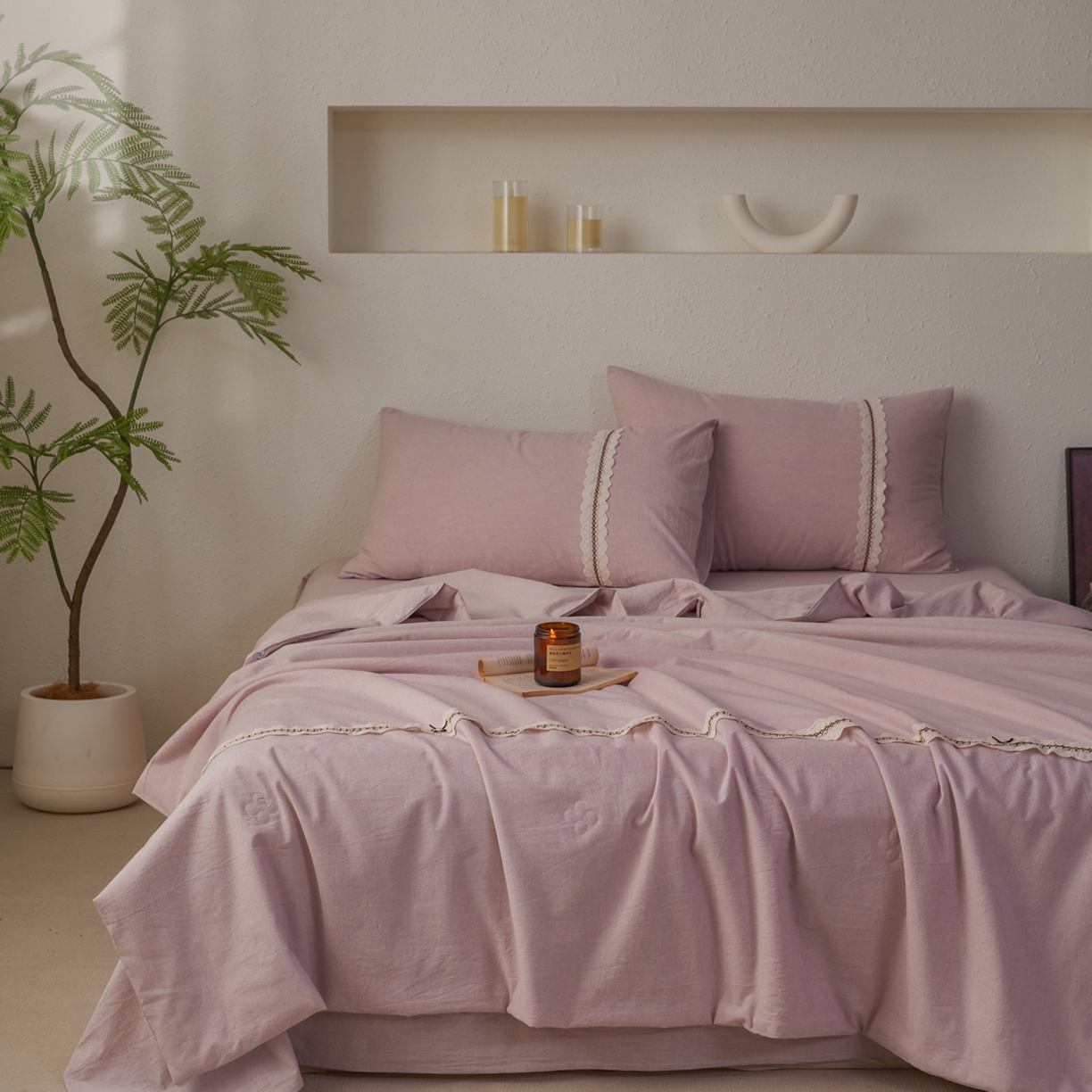 91家纺网 家纺一手货源 找家纺 尊妙被业 2026新款A类棉麻亚麻夏被大豆夏被四件套 棉麻 浅紫