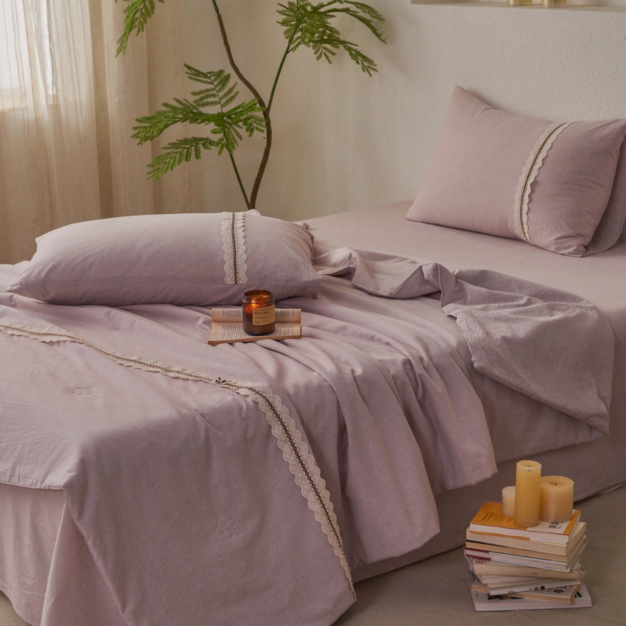 91家纺网 家纺一手货源 找家纺 尊妙被业 2026新款A类棉麻亚麻夏被大豆夏被四件套 棉麻 浅紫
