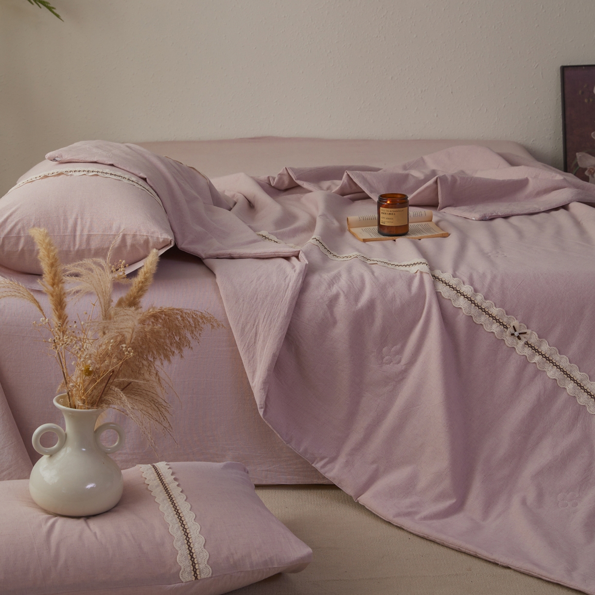 91家纺网 家纺一手货源 找家纺 尊妙被业 2026新款A类棉麻亚麻夏被大豆夏被四件套 棉麻 浅紫