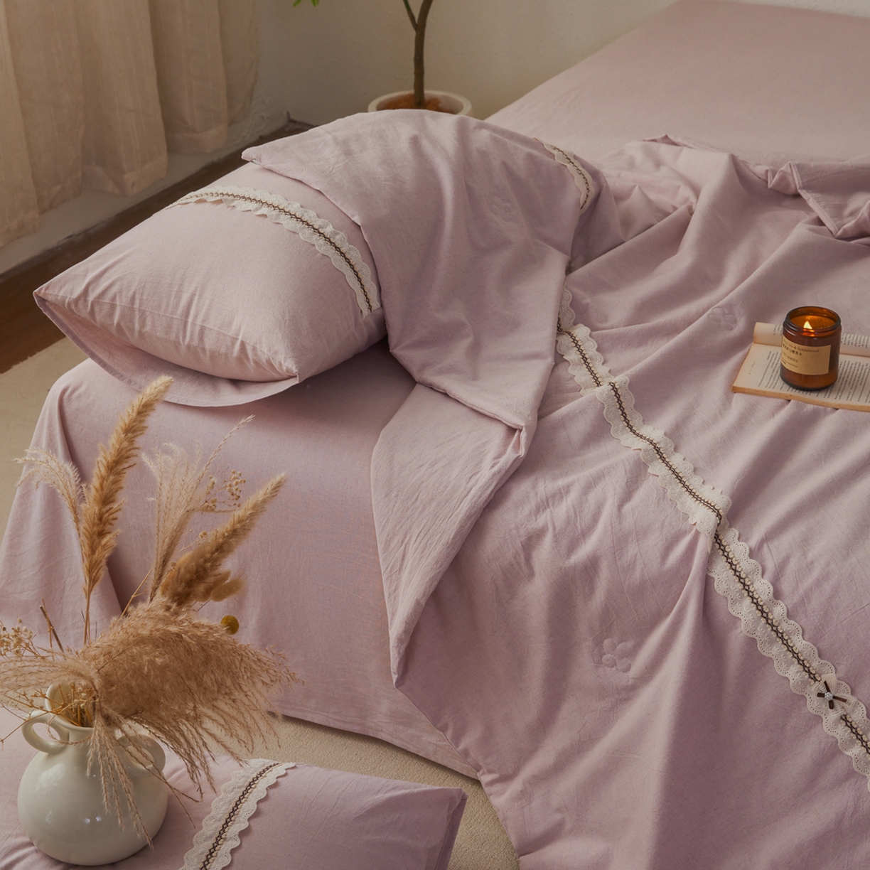 91家纺网 家纺一手货源 找家纺 尊妙被业 2026新款A类棉麻亚麻夏被大豆夏被四件套 棉麻 浅紫