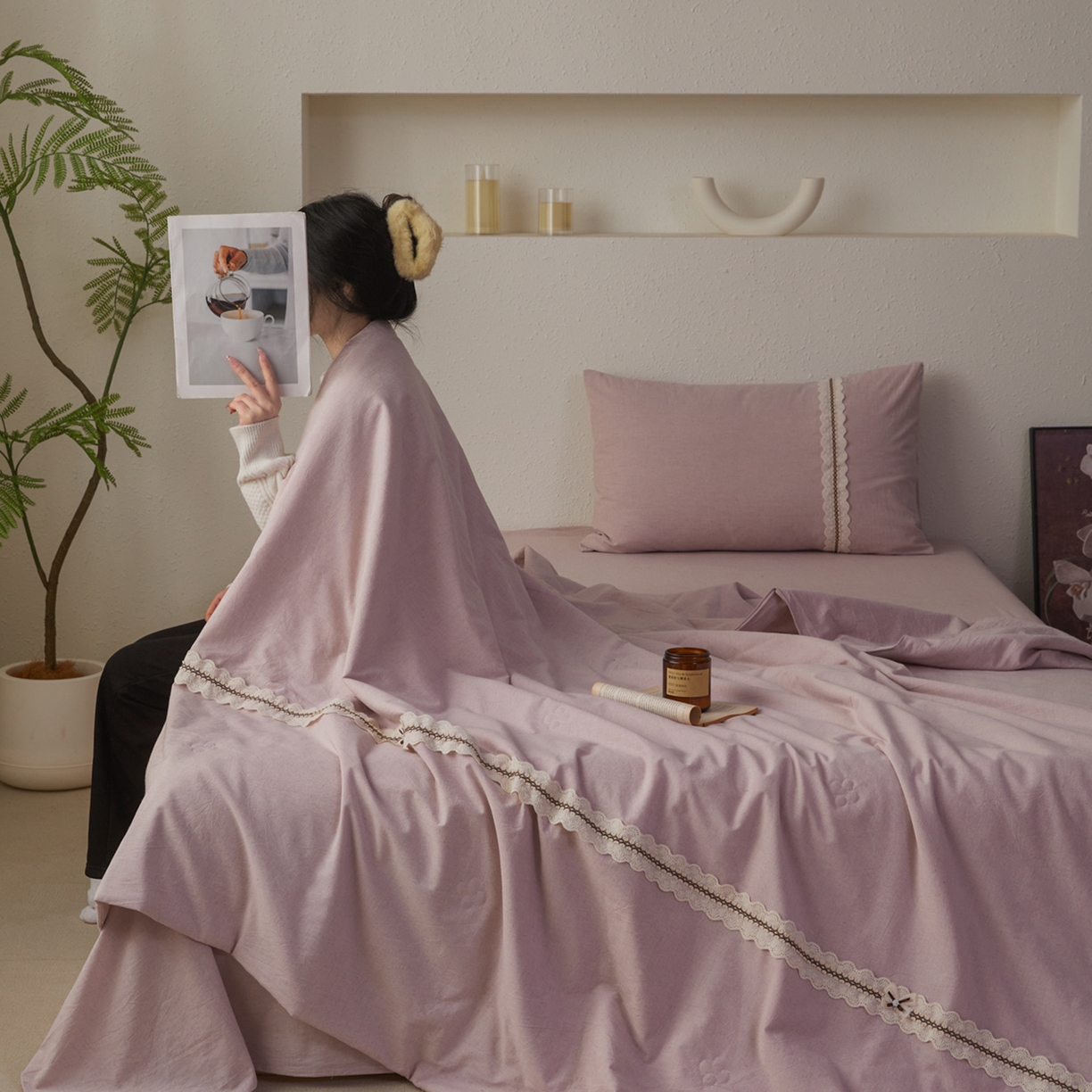 91家纺网 家纺一手货源 找家纺 尊妙被业 2026新款A类棉麻亚麻夏被大豆夏被四件套 棉麻 浅紫