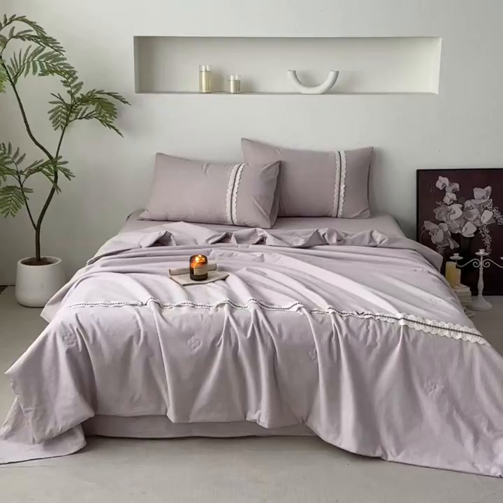 91家纺网 家纺一手货源 找家纺 尊妙被业 2026新款A类棉麻亚麻夏被大豆夏被四件套 棉麻 浅紫
