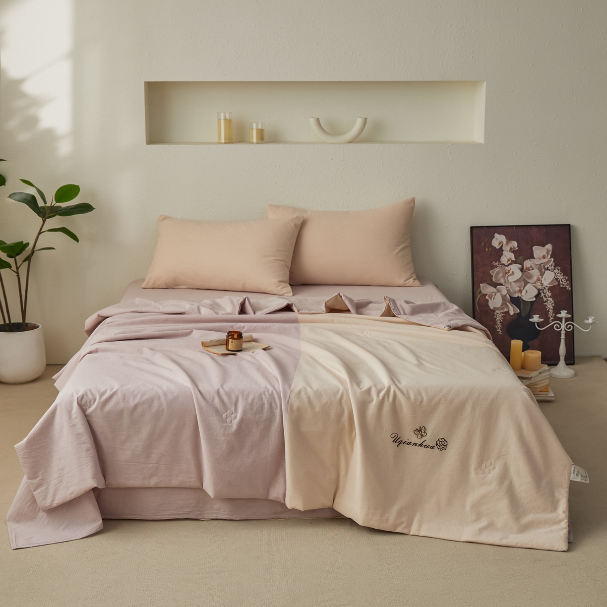 91家纺网 家纺一手货源 找家纺 尊妙被业 2026新款A类棉麻亚麻夏被大豆夏被四件套 棉麻 浅紫拼米白