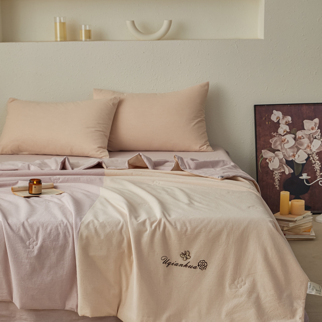 91家纺网 家纺一手货源 找家纺 尊妙被业 2026新款A类棉麻亚麻夏被大豆夏被四件套 棉麻 浅紫拼米白