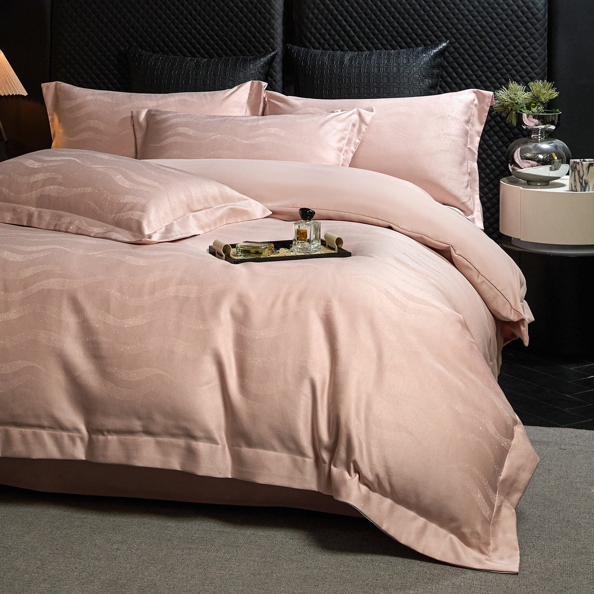 91家纺网 家纺一手货源 找家纺 丝印良品 2026新款压线款金丝提花床单床笠四件套 金丝提花-流云粉