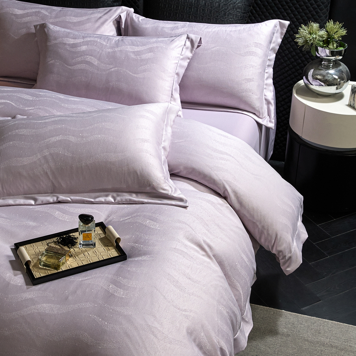 91家纺网 家纺一手货源 找家纺 丝印良品 2026新款压线款金丝提花床单床笠四件套 金丝提花-烟灰紫