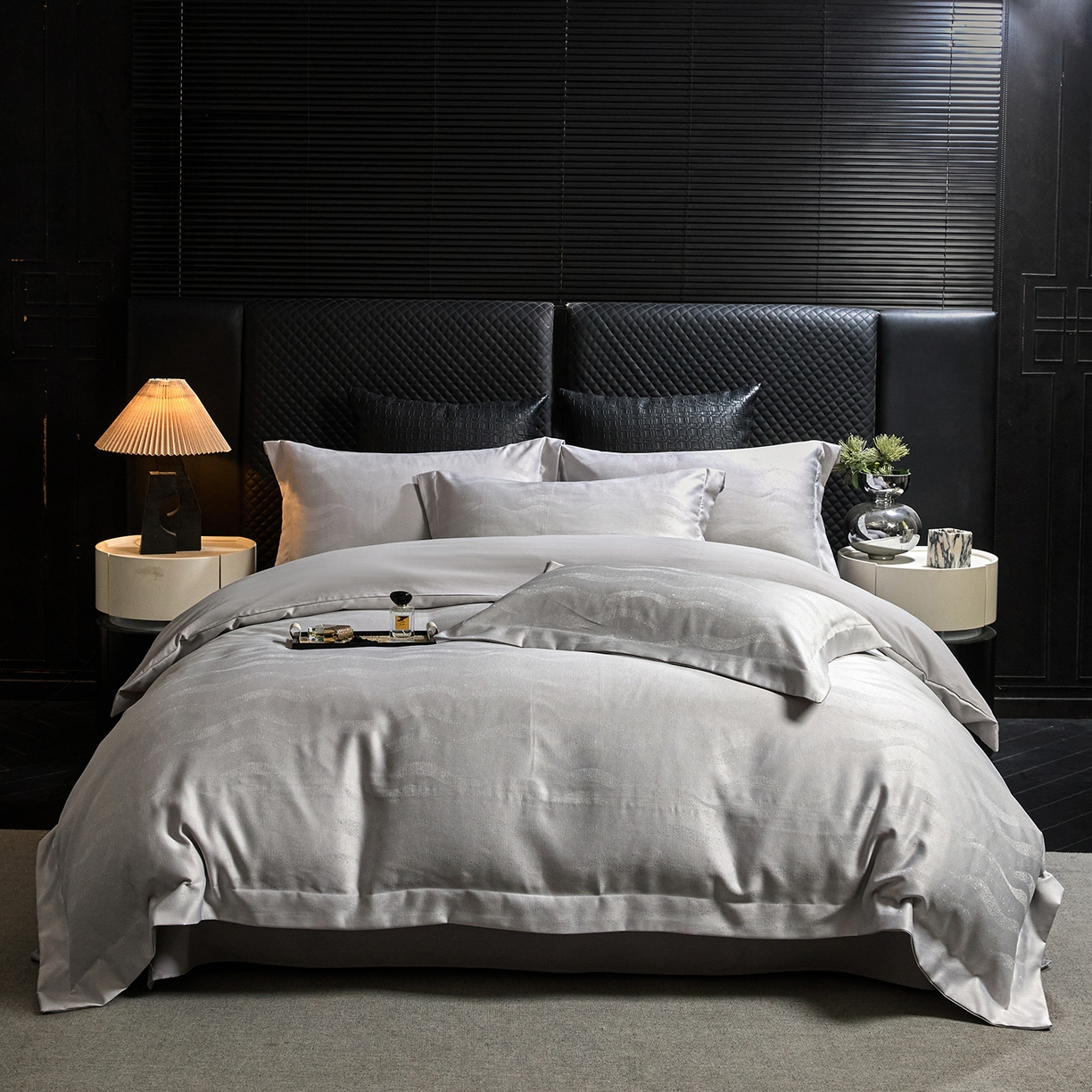 91家纺网 家纺一手货源 找家纺 丝印良品 2026新款压线款金丝提花床单床笠四件套 金丝提花-银月灰