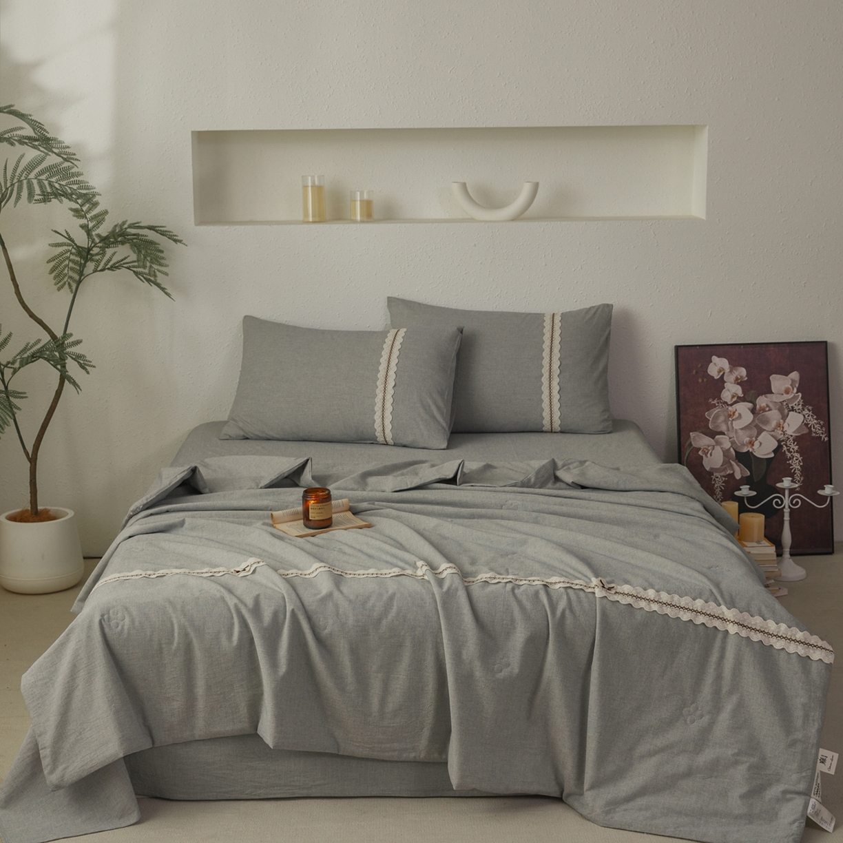 91家纺网 家纺一手货源 找家纺 尊妙被业 2026新款A类棉麻亚麻夏被大豆夏被四件套 棉麻 深灰