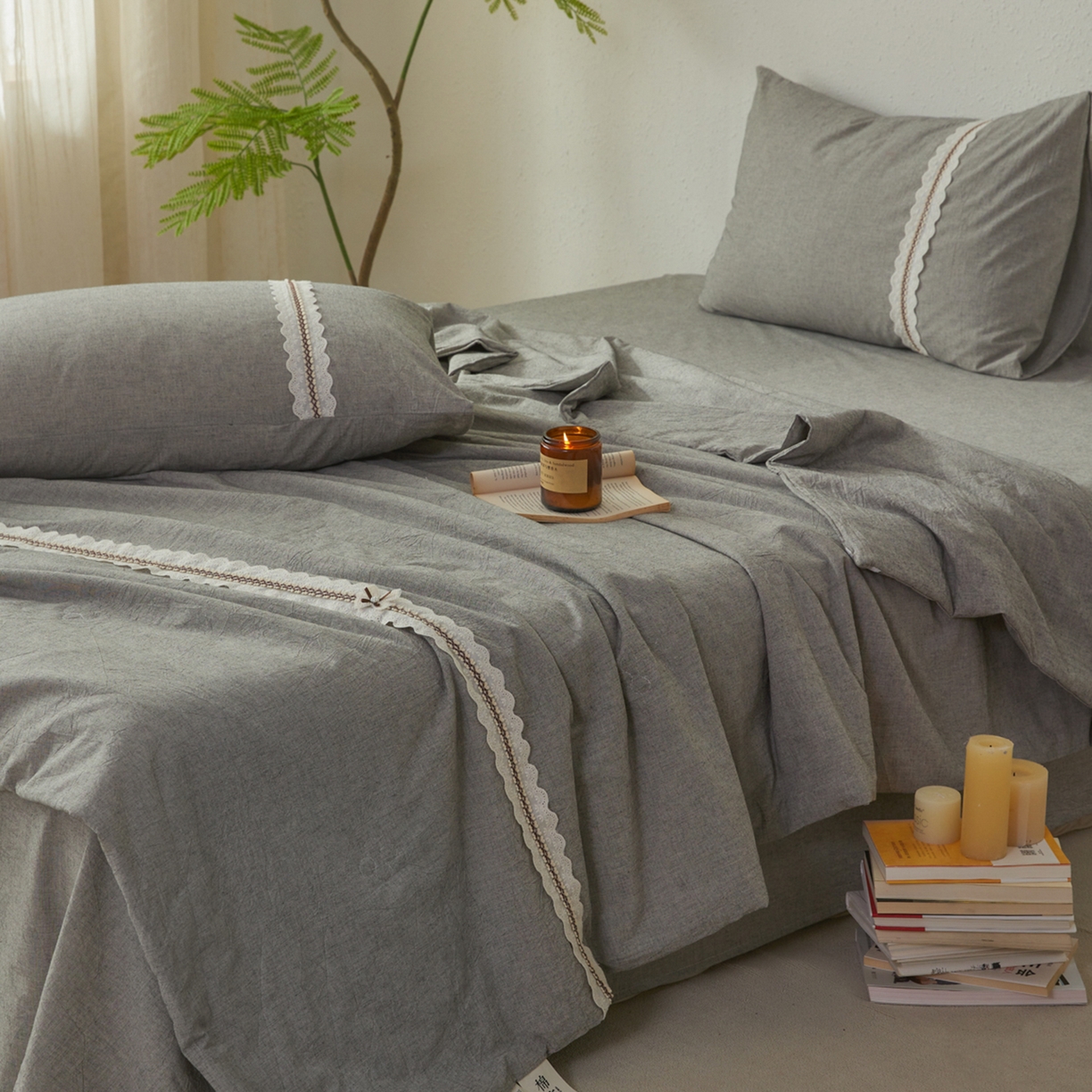 91家纺网 家纺一手货源 找家纺 尊妙被业 2026新款A类棉麻亚麻夏被大豆夏被四件套 棉麻 深灰