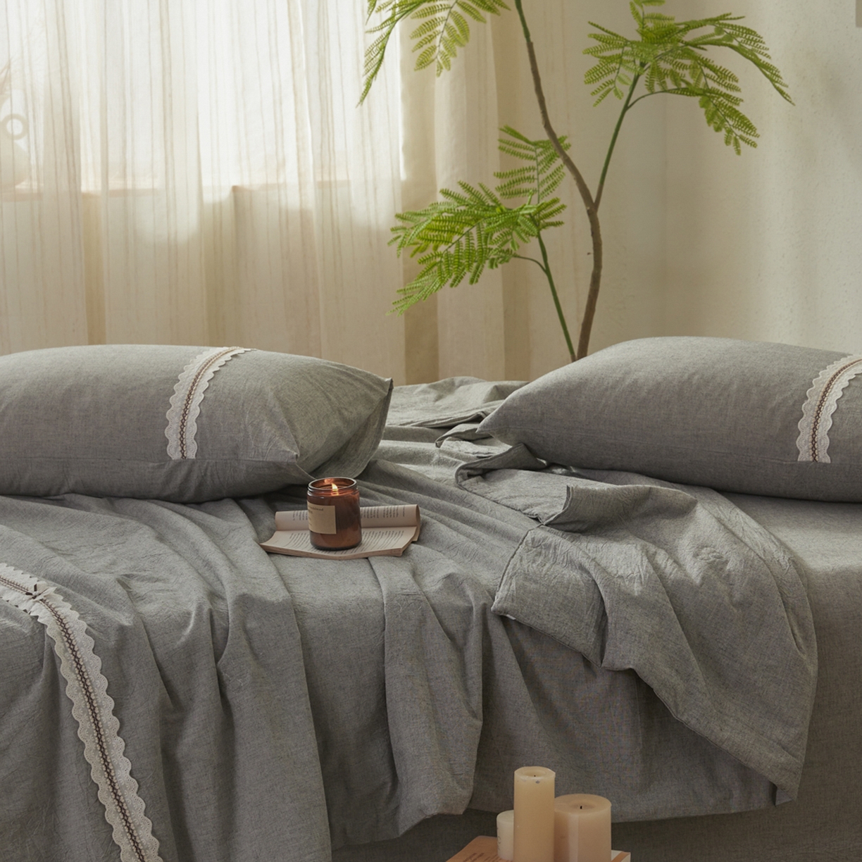 91家纺网 家纺一手货源 找家纺 尊妙被业 2026新款A类棉麻亚麻夏被大豆夏被四件套 棉麻 深灰