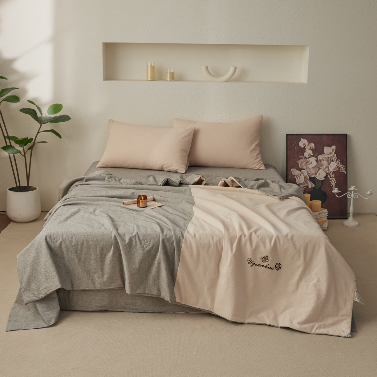 91家纺网 家纺一手货源 找家纺 尊妙被业 2026新款A类棉麻亚麻夏被大豆夏被四件套 棉麻 深灰拼米白