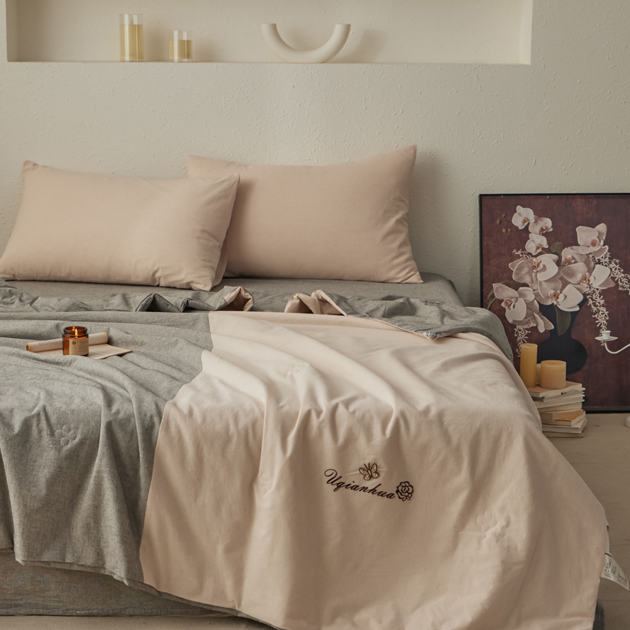 91家纺网 家纺一手货源 找家纺 尊妙被业 2026新款A类棉麻亚麻夏被大豆夏被四件套 棉麻 深灰拼米白