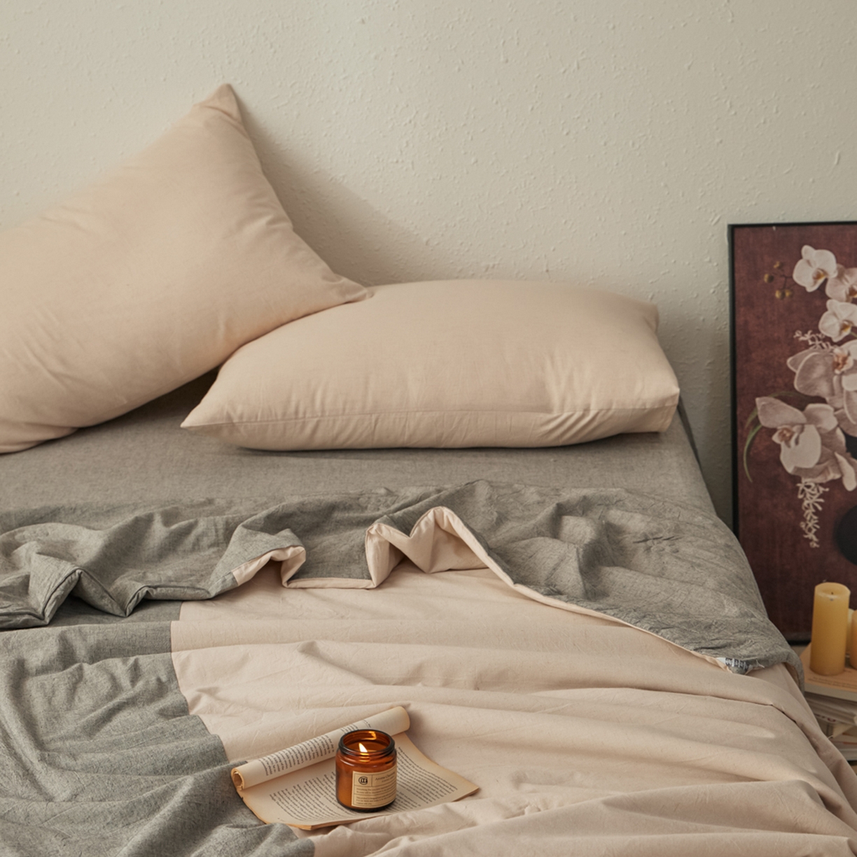 91家纺网 家纺一手货源 找家纺 尊妙被业 2026新款A类棉麻亚麻夏被大豆夏被四件套 棉麻 深灰拼米白