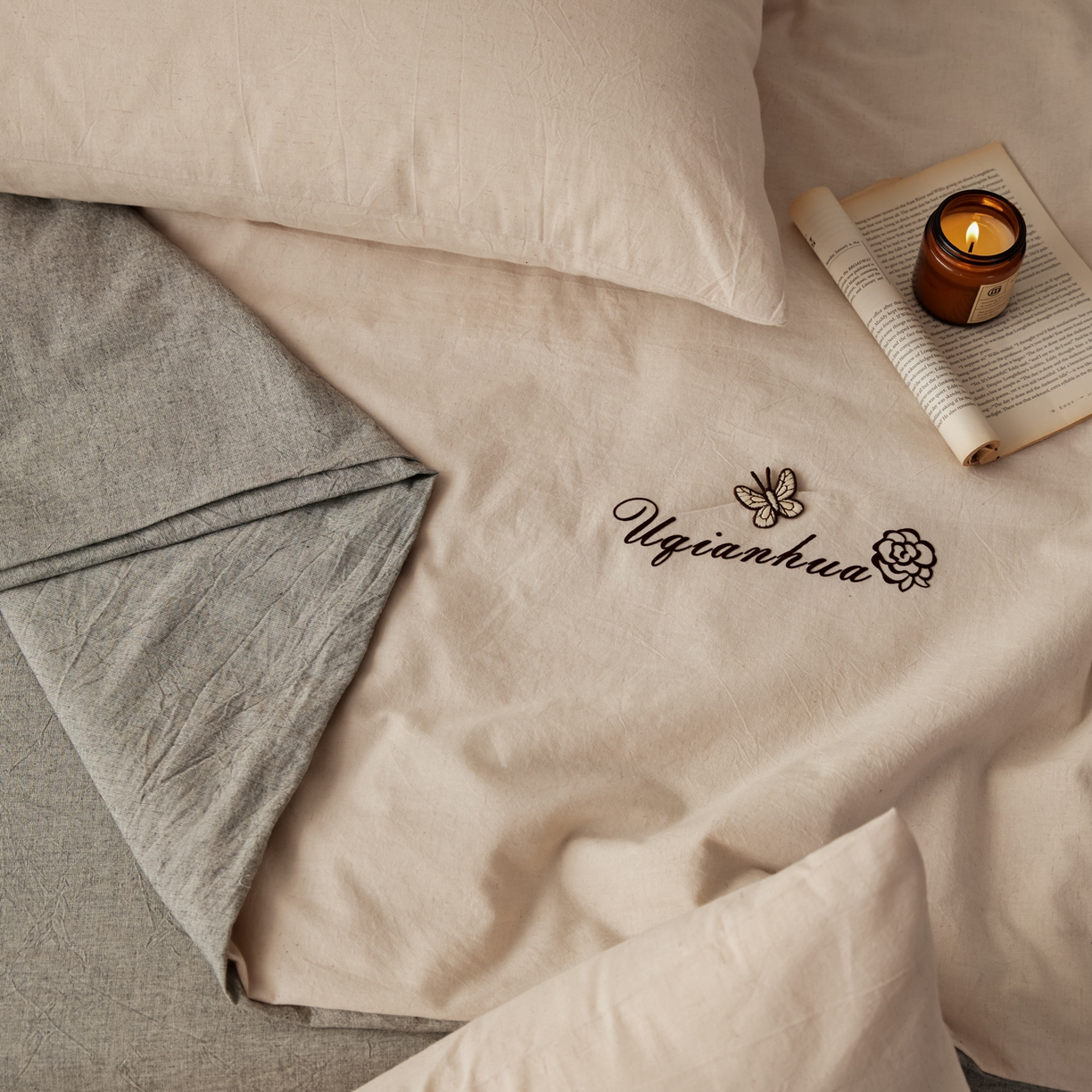 91家纺网 家纺一手货源 找家纺 尊妙被业 2026新款A类棉麻亚麻夏被大豆夏被四件套 棉麻 深灰拼米白