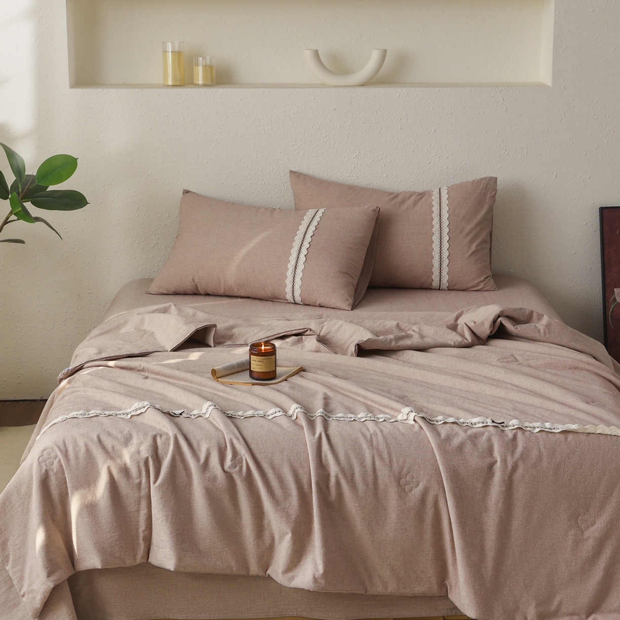 91家纺网 家纺一手货源 找家纺 尊妙被业 2026新款A类棉麻亚麻夏被大豆夏被四件套 棉麻 棕