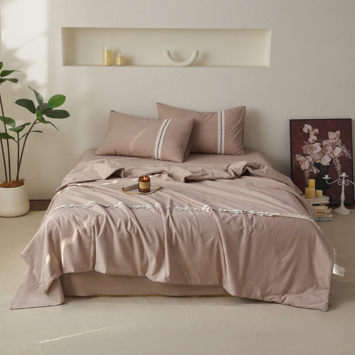 91家纺网 家纺一手货源 找家纺 尊妙被业 2026新款A类棉麻亚麻夏被大豆夏被四件套 棉麻 棕