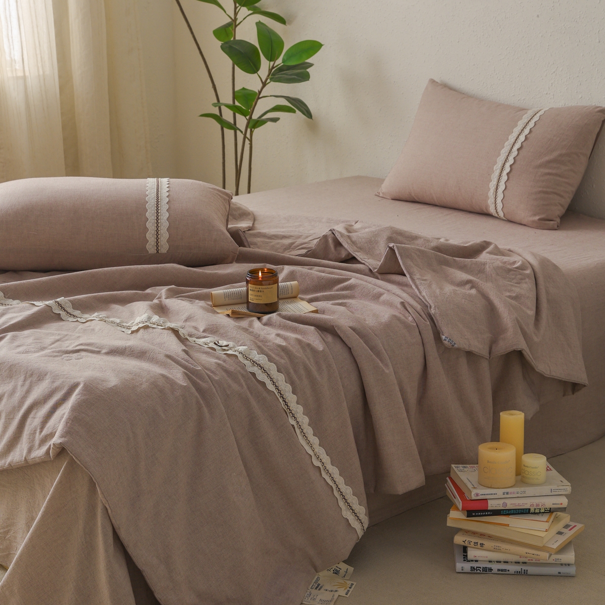 91家纺网 家纺一手货源 找家纺 尊妙被业 2026新款A类棉麻亚麻夏被大豆夏被四件套 棉麻 棕