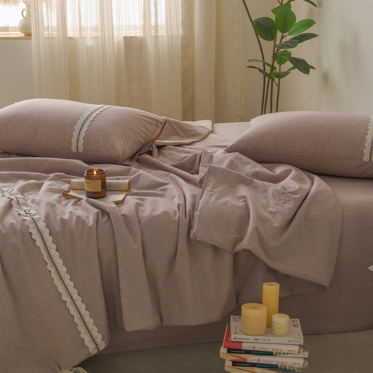 91家纺网 家纺一手货源 找家纺 尊妙被业 2026新款A类棉麻亚麻夏被大豆夏被四件套 棉麻 棕