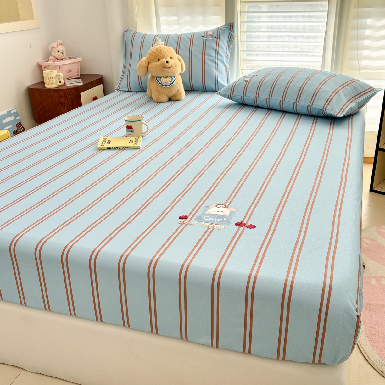 91家纺网 家纺一手货源 找家纺 卧趣家纺 2026新款全棉老粗布凉席席子床笠单件床笠单品单床笠绒布贴系列 口袋萌宠