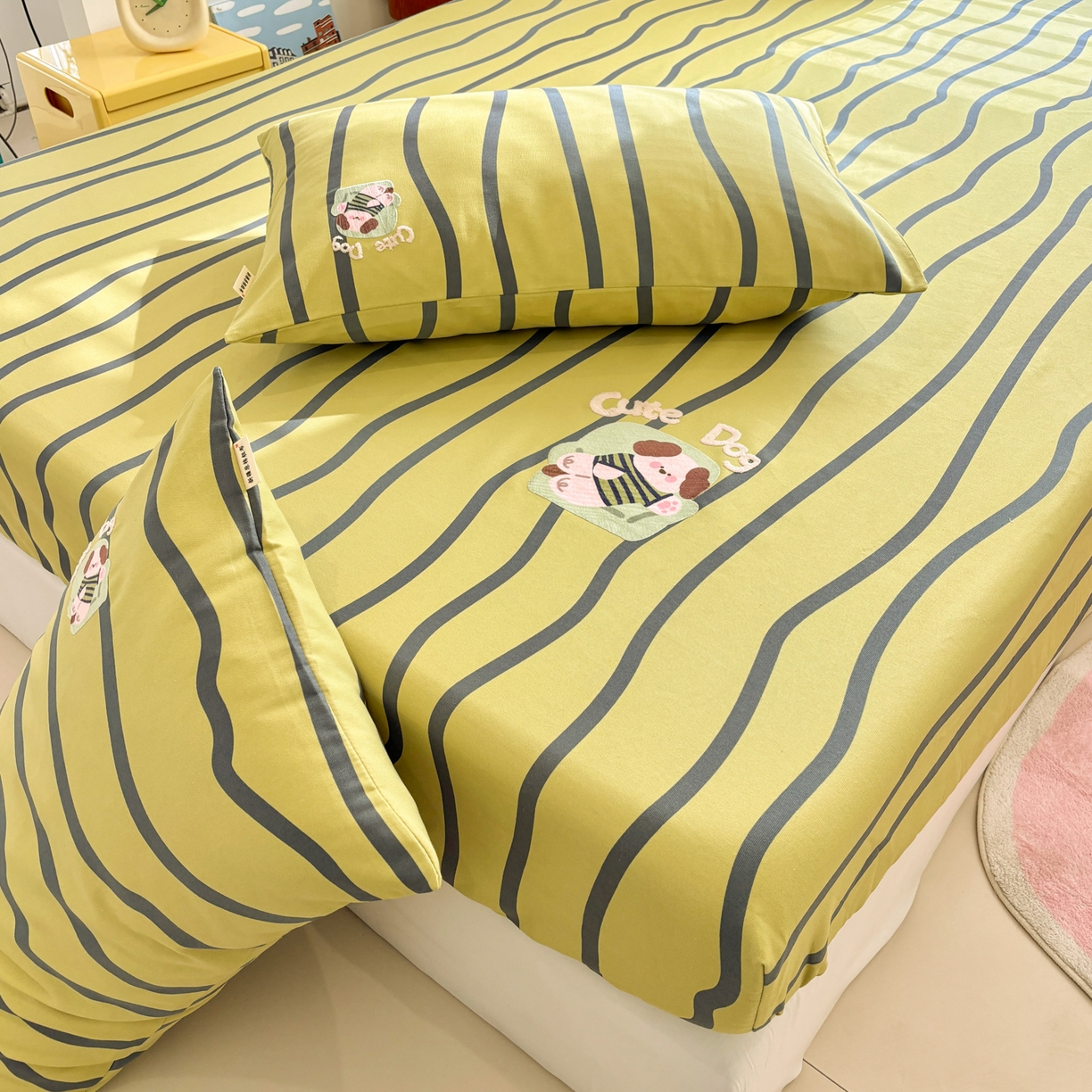 91家纺网 家纺一手货源 找家纺 卧趣家纺 2026新款全棉老粗布凉席席子床笠单件床笠单品单床笠绒布贴系列 汪汪奶盖