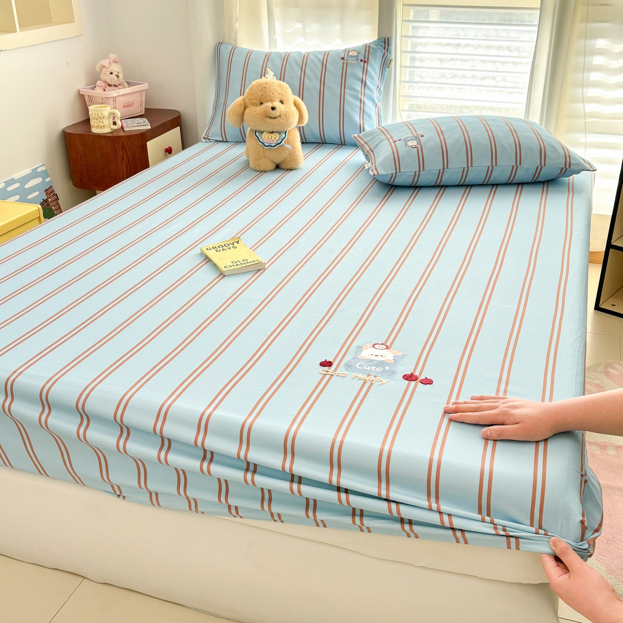 91家纺网 家纺一手货源 找家纺 卧趣家纺 2026新款全棉老粗布凉席席子床笠单件床笠单品单床笠绒布贴系列 口袋萌宠