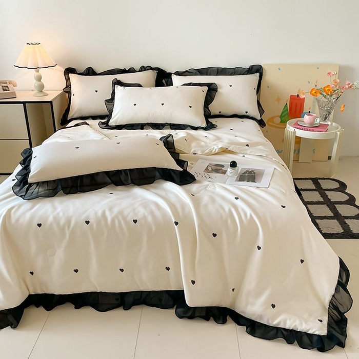 91家纺网 家纺一手货源 找家纺 丝印良品 2026新款水洗真丝冰丝美拉德风花边夏被四件套空调被夏凉被 夏被-爱心