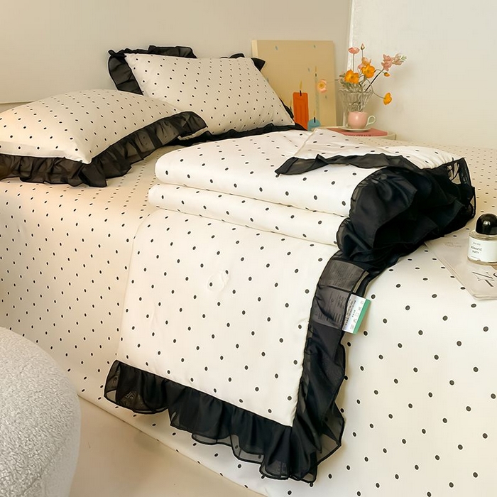 91家纺网 家纺一手货源 找家纺 丝印良品 2026新款水洗真丝冰丝美拉德风花边夏被四件套空调被夏凉被 夏被-波点