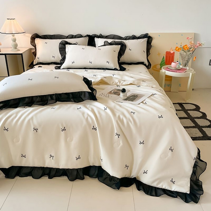 91家纺网 家纺一手货源 找家纺 丝印良品 2026新款水洗真丝冰丝美拉德风花边夏被四件套空调被夏凉被 夏被-蝴蝶结