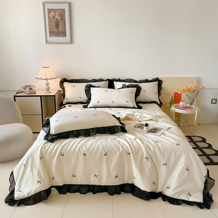 91家纺网 家纺一手货源 找家纺 丝印良品 2026新款水洗真丝冰丝美拉德风花边夏被四件套空调被夏凉被 夏被-蝴蝶结