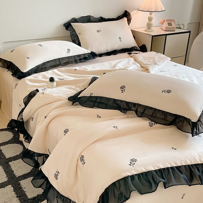 91家纺网 家纺一手货源 找家纺 丝印良品 2026新款水洗真丝冰丝美拉德风花边夏被四件套空调被夏凉被 夏被-玫瑰