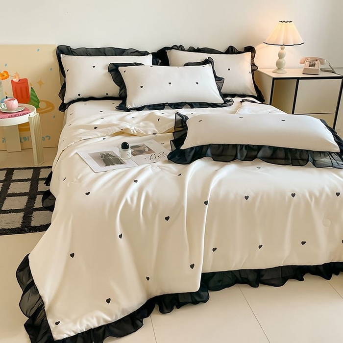 91家纺网 家纺一手货源 找家纺 丝印良品 2026新款水洗真丝冰丝美拉德风花边夏被四件套空调被夏凉被 夏被-爱心