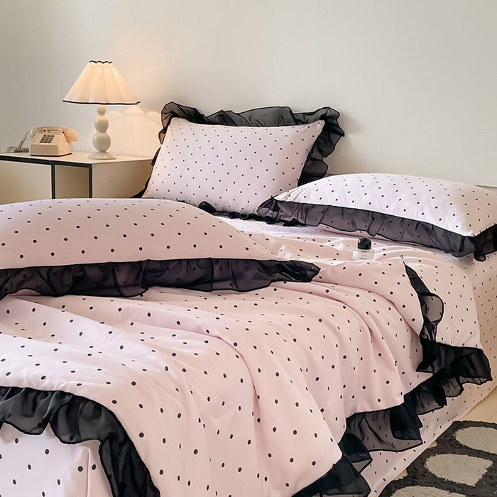 91家纺网 家纺一手货源 找家纺 丝印良品 2026新款水洗真丝冰丝美拉德风花边夏被四件套空调被夏凉被 夏被-波点-粉