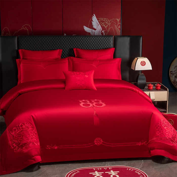 91家纺网 家纺一手货源 找家纺 富之雅婚庆 2026新款全棉刺绣长绒棉婚庆四件套多件套 家家有喜（本线绣）