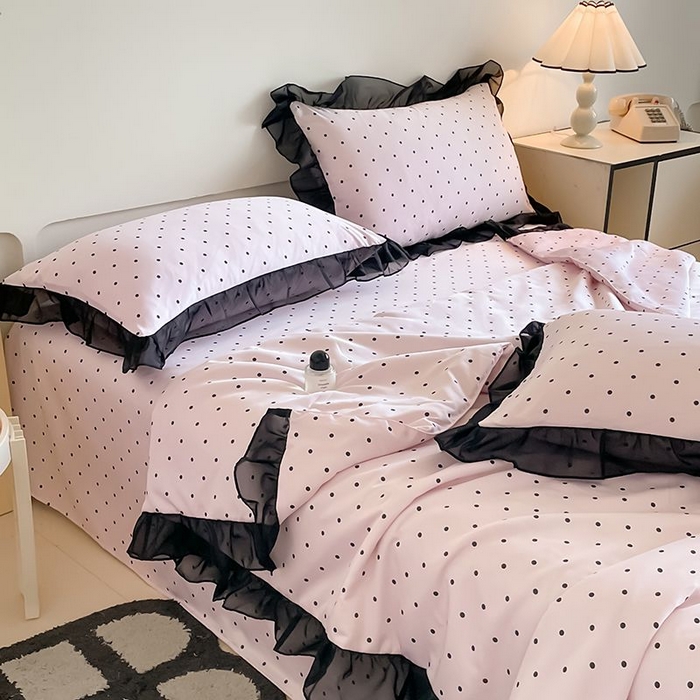 91家纺网 家纺一手货源 找家纺 丝印良品 2026新款水洗真丝冰丝美拉德风花边夏被四件套空调被夏凉被 夏被-波点-粉