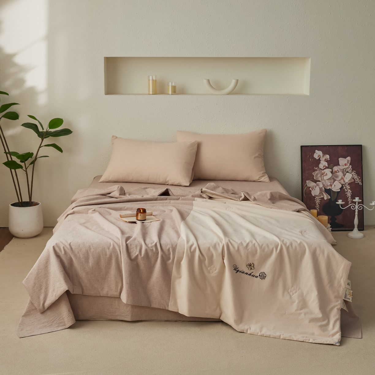 91家纺网 家纺一手货源 找家纺 尊妙被业 2026新款A类棉麻亚麻夏被大豆夏被四件套 棉麻 棕拼米白