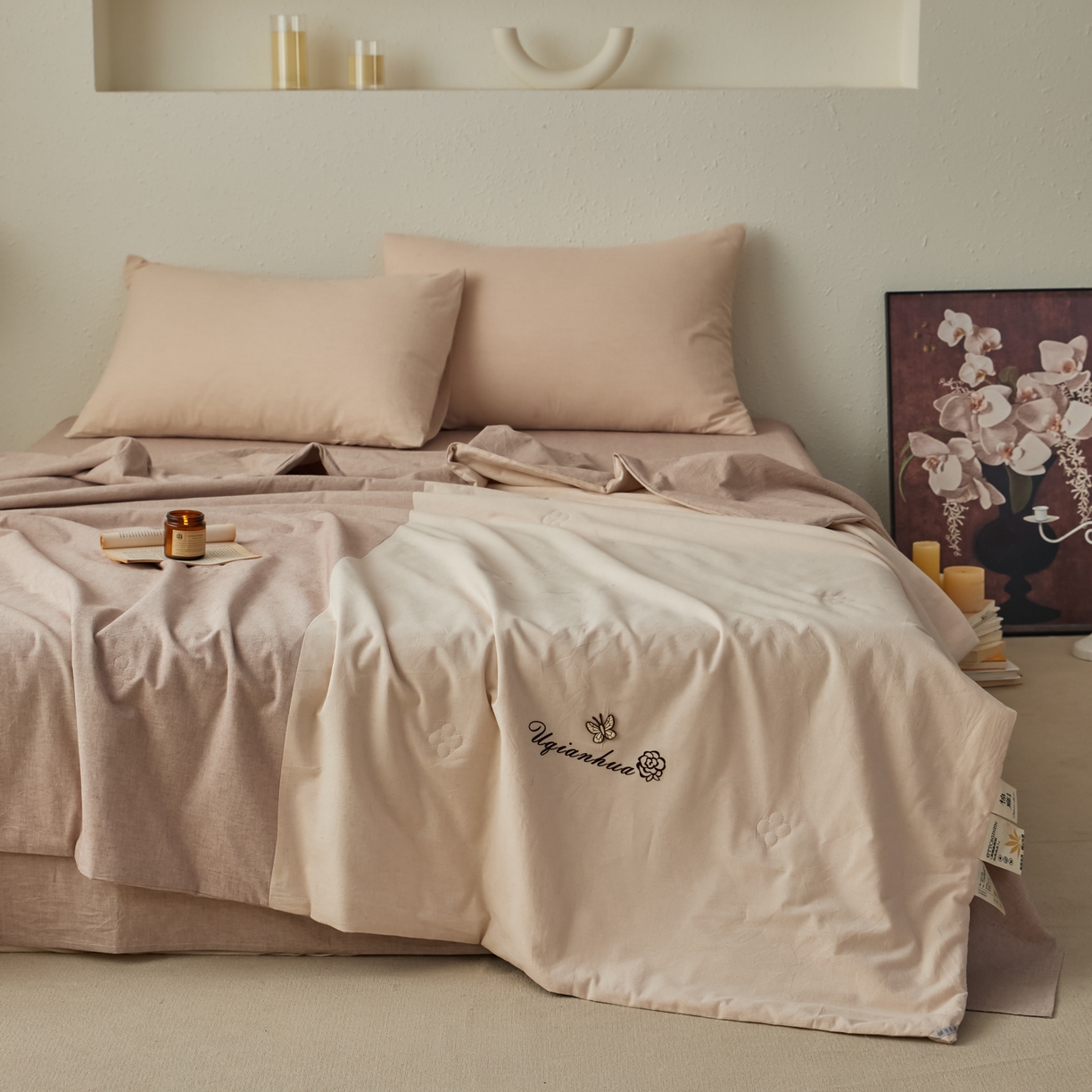 91家纺网 家纺一手货源 找家纺 尊妙被业 2026新款A类棉麻亚麻夏被大豆夏被四件套 棉麻 棕拼米白