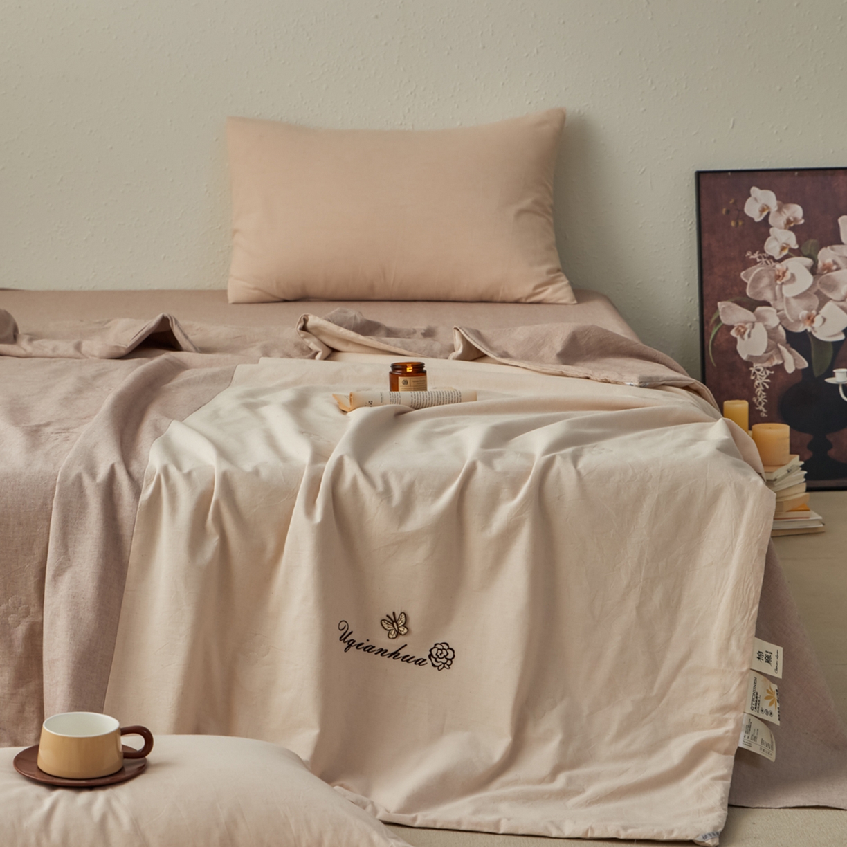 91家纺网 家纺一手货源 找家纺 尊妙被业 2026新款A类棉麻亚麻夏被大豆夏被四件套 棉麻 棕拼米白