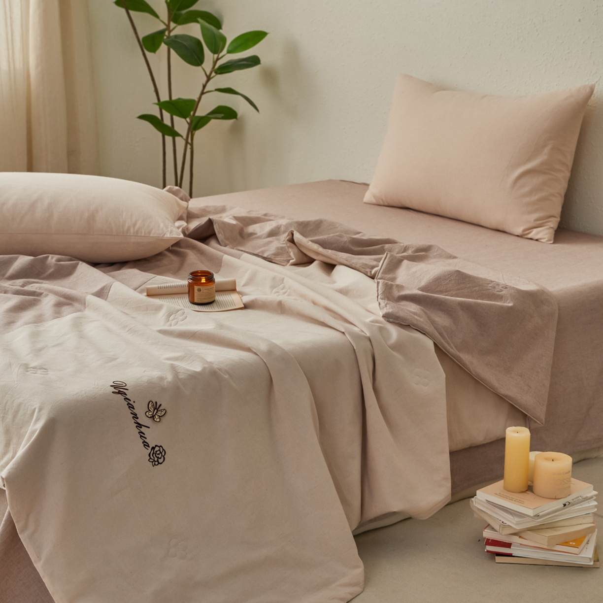 91家纺网 家纺一手货源 找家纺 尊妙被业 2026新款A类棉麻亚麻夏被大豆夏被四件套 棉麻 棕拼米白